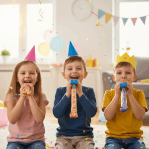 3 Kinder fröhlich mit Luftrüssel